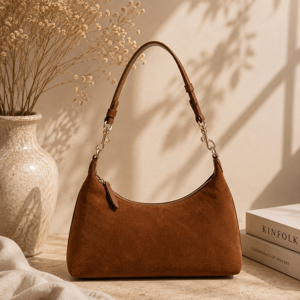 A brown suede shoulder bag with a curved top and gold-tone hardware, styled on a stone surface beside a ceramic vase with dried flowers and a stack of books.