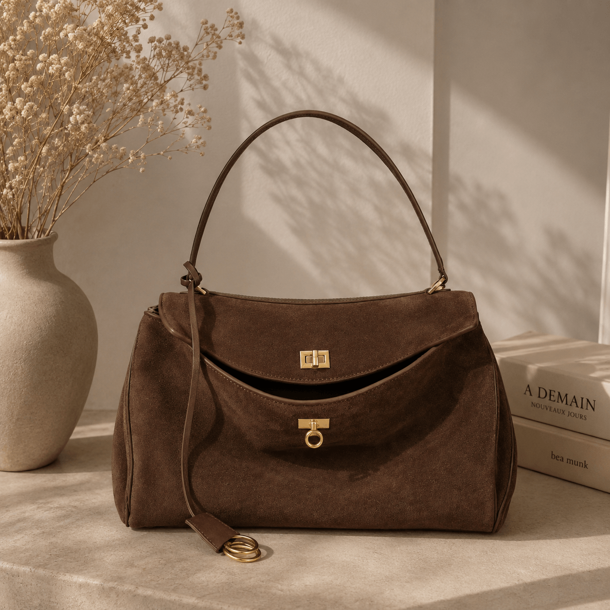 Vintage Espresso Suede Shoulder Bag