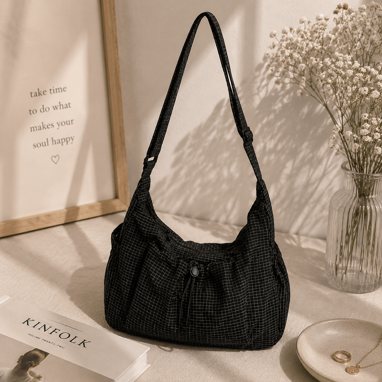 Black Lightweight Nylon Shoulder Crossbody Bag for Women