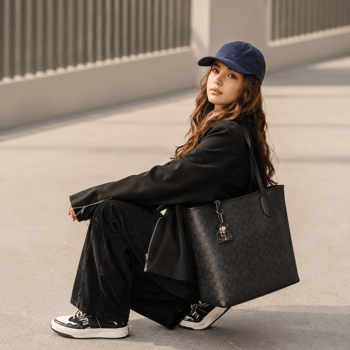 A woman wearing a navy blue baseball cap, black jacket, and black wide-leg pants sits on a concrete surface, carrying a large black tote bag with a subtle monogram pattern.