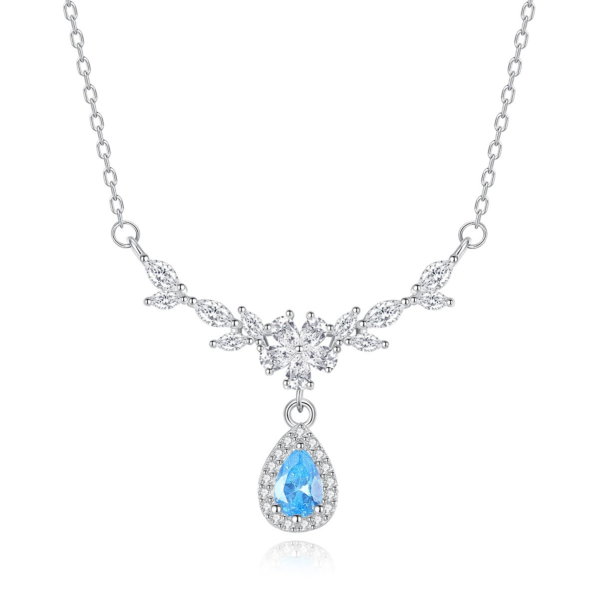 Blue Teardrop Crystal Floral Pendant Necklace