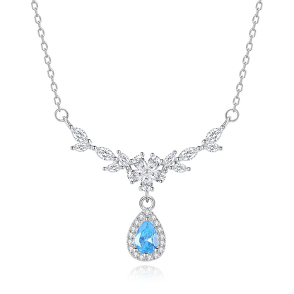 Blue Teardrop Crystal Floral Pendant Necklace
