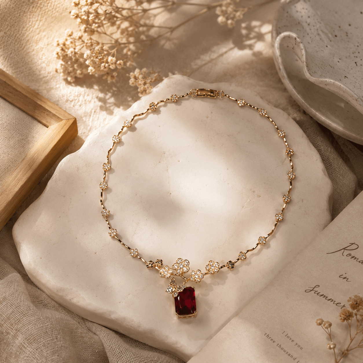 Ruby Blossom Butterfly Pendant Necklace