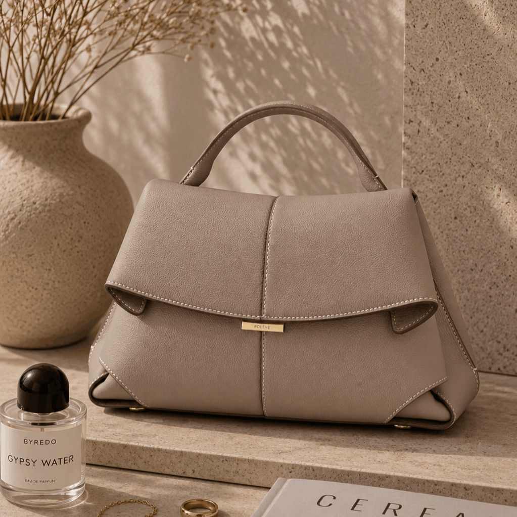 Taupe Leather Top Handle Bag