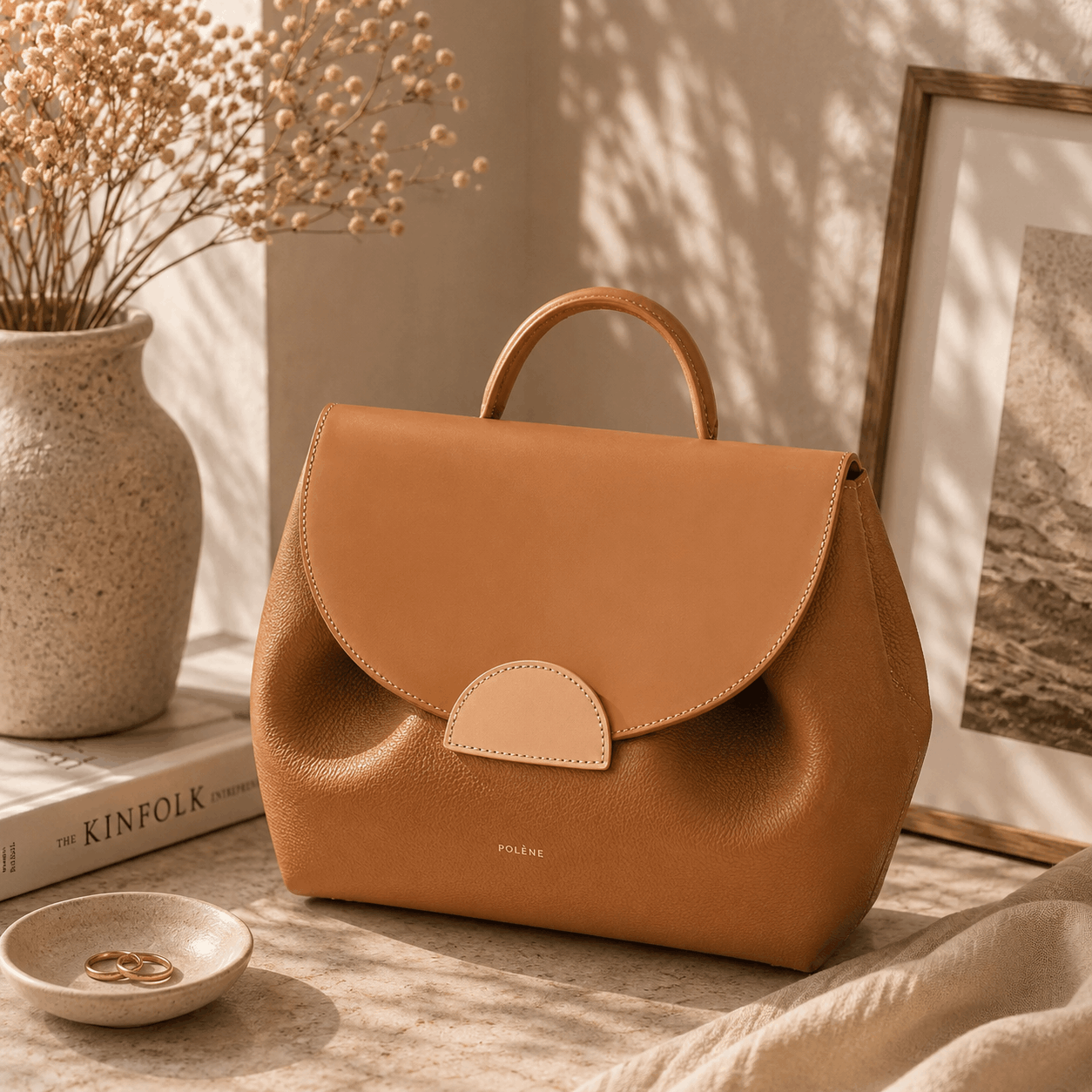 Brown leather handbag on a wooden surface with decor items in the background