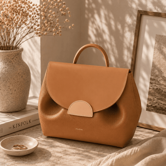 Brown leather handbag on a wooden surface with decor items in the background