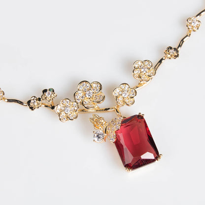 Ruby Blossom Butterfly Pendant Necklace