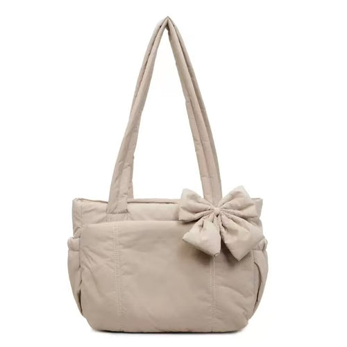 Beige Bow Quilted Shoulder Tote Bag for Women