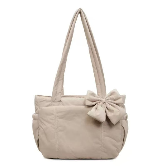 Beige Bow Quilted Shoulder Tote Bag for Women