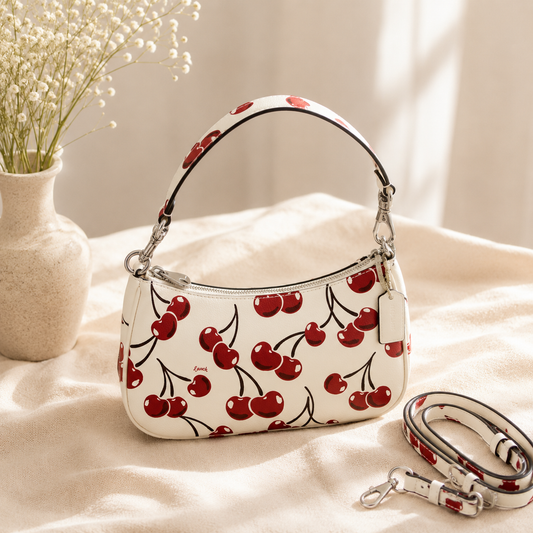 A white leather shoulder bag with a red cherry print, displayed on a beige fabric surface next to a vase of dried flowers and a matching detachable strap.