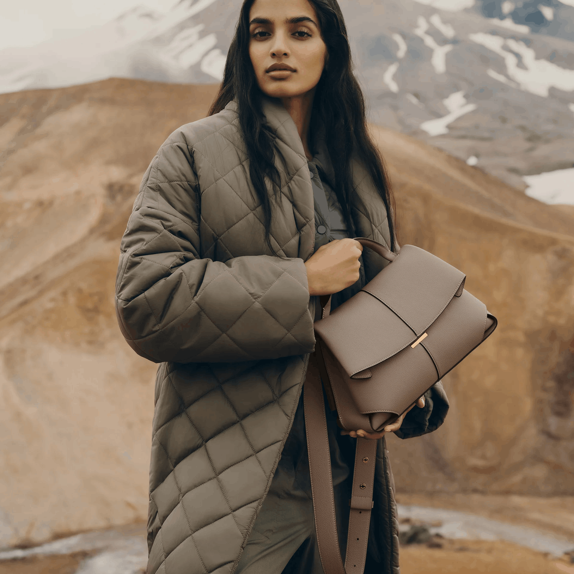 Taupe Leather Top Handle Bag