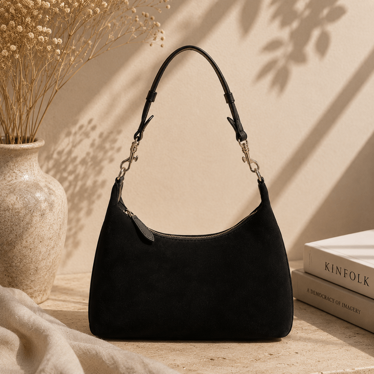 A black suede shoulder bag with a curved top and a single shoulder strap, styled on a tabletop next to a beige ceramic vase with dried flowers and a stack of books.