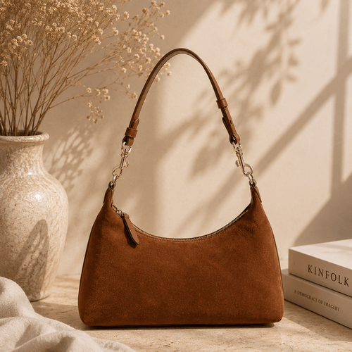 A brown suede shoulder bag with a curved top and gold-tone hardware, styled on a stone surface beside a ceramic vase with dried flowers and a stack of books.