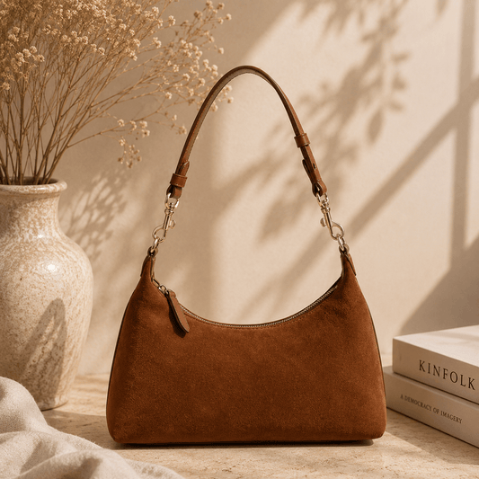 A brown suede shoulder bag with a curved top and gold-tone hardware, styled on a stone surface beside a ceramic vase with dried flowers and a stack of books.
