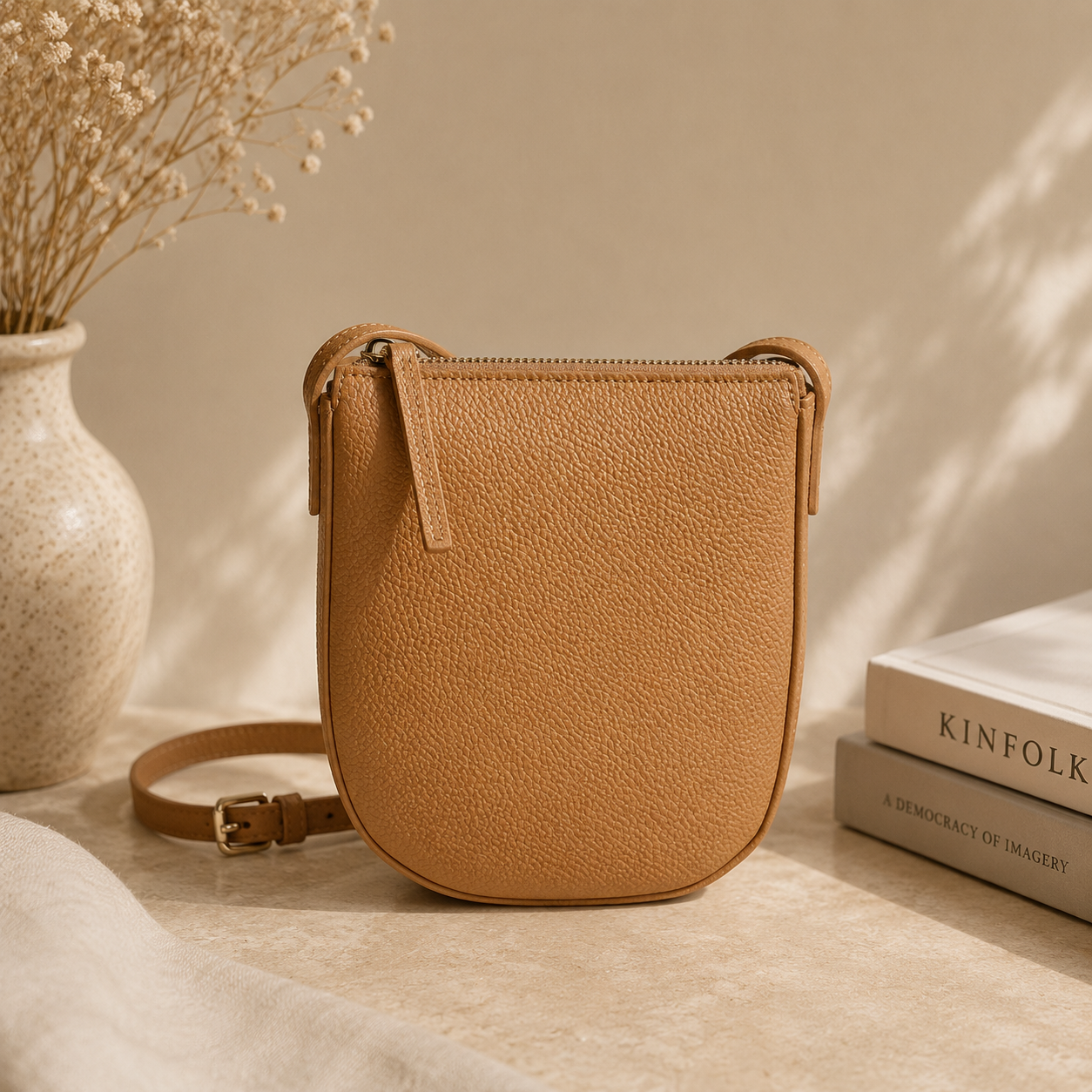 Minimalist Camel Leather Crossbody Bag