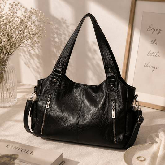 Black Leather Shoulder Tote Bag for Women