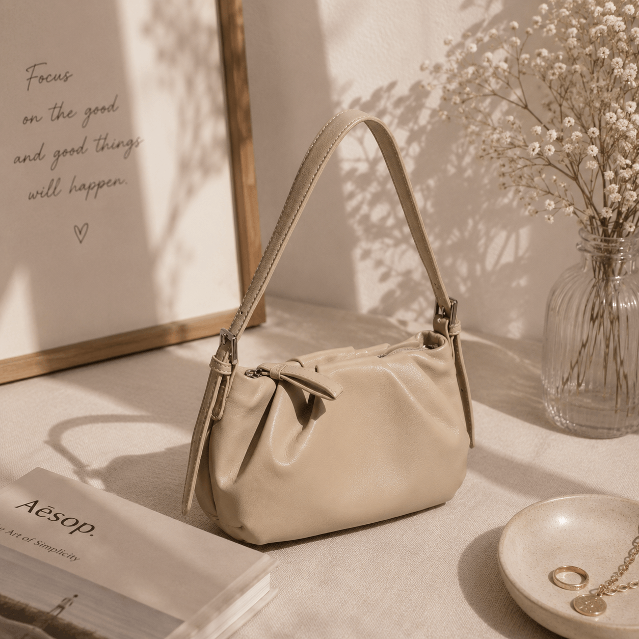 Beige Soft Leather Shoulder Bag for Women