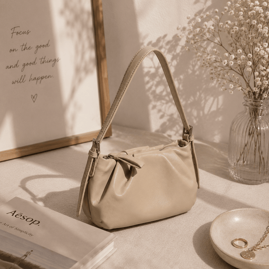Beige Soft Leather Shoulder Bag for Women