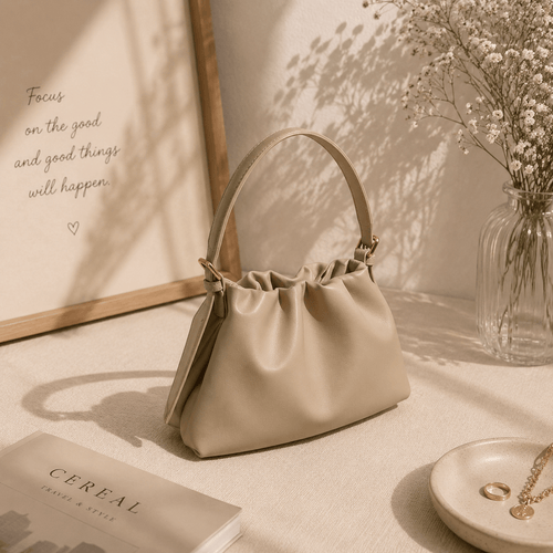 Beige Ruched Leather Shoulder Bag for Women