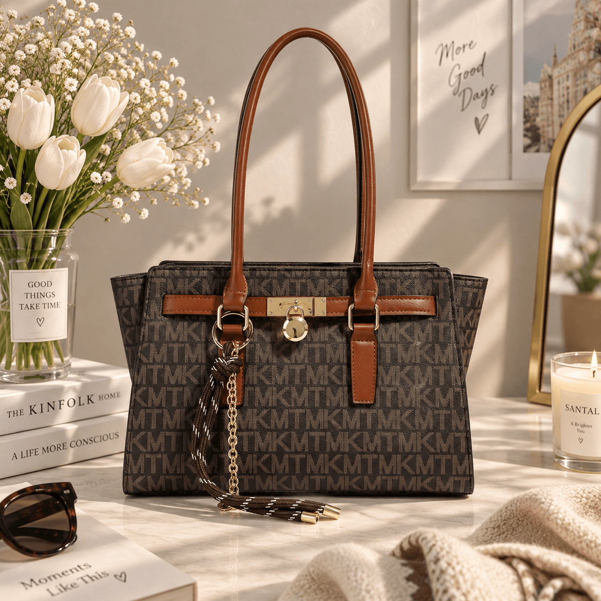 A Michael Kors tote bag with a brown monogram pattern and tan leather trim, styled on a marble tabletop with white tulips, sunglasses, a candle, and framed wall art in a warm interior setting.