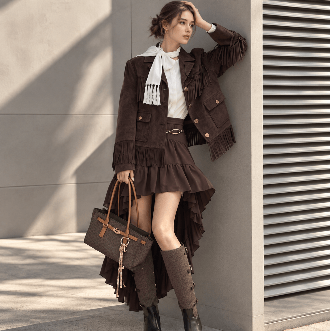 A woman models a dark brown fringed jacket and matching ruffled mini skirt set, styled with a white scarf, brown knee-high boots, and a matching brown tote bag, leaning against a modern concrete wall.