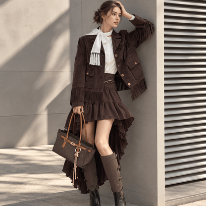 A woman models a dark brown fringed jacket and matching ruffled mini skirt set, styled with a white scarf, brown knee-high boots, and a matching brown tote bag, leaning against a modern concrete wall.