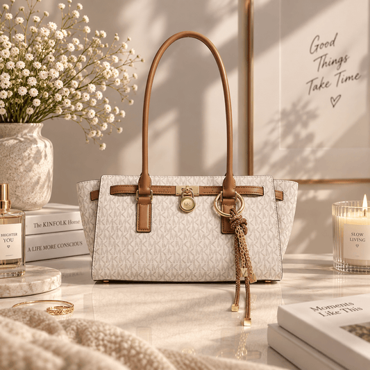 A structured tote handbag with a beige monogram pattern and tan leather trim, styled on a marble tabletop with books, a candle, and dried flowers in a warm, sunlit interior setting.