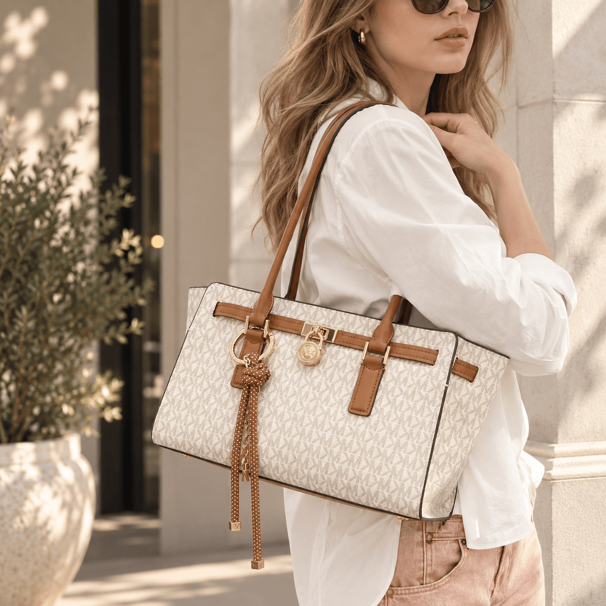 A woman in a white blouse and sunglasses carries a structured tote bag with an allover beige monogram pattern, tan leather trim, and gold-tone hardware in an outdoor setting.