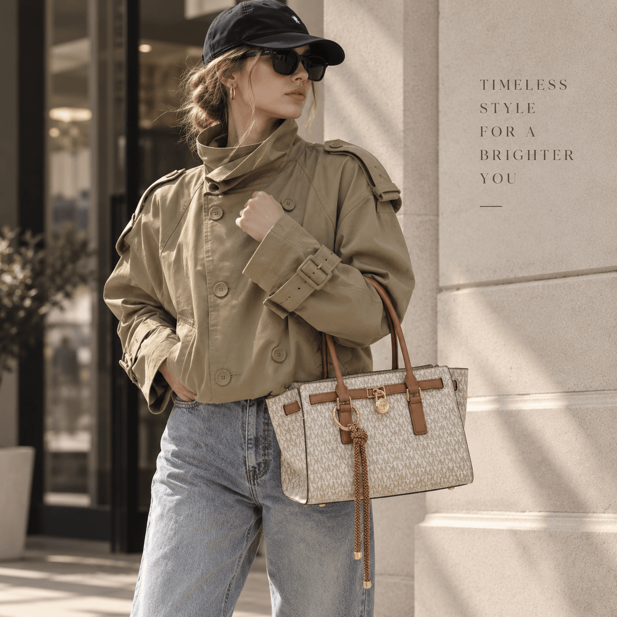 A woman wearing a black baseball cap, sunglasses, and a beige trench coat stands outdoors next to a stone wall, holding a beige and brown patterned tote bag. The text on the right reads 'TIMELESS STYLE FOR A BRIGHTER YOU'.