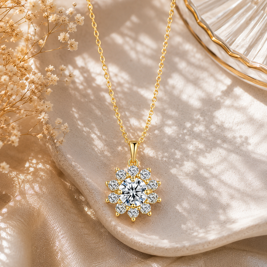 Golden Sunburst Crystal Pendant Necklace