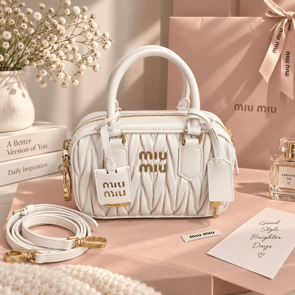 A white Miu Miu quilted handbag with gold hardware, displayed on a pink surface with a matching pink Miu Miu gift bag, perfume bottle, and decorative props.