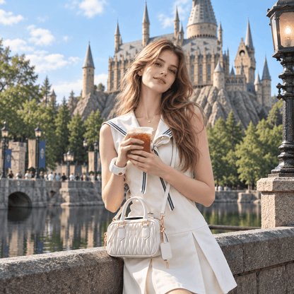 A woman in a white sleeveless dress with navy trim stands outdoors by a stone railing, holding an iced coffee and carrying a white quilted handbag with gold-tone hardware. A large castle and water reflector are visible in the background.