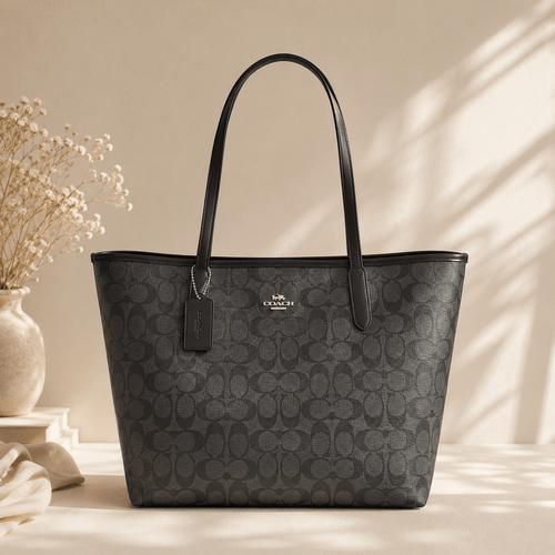 A Coach tote bag in dark gray signature canvas with black leather handles, displayed on a beige surface with warm sunlight and shadows, next to a vase of dried flowers.