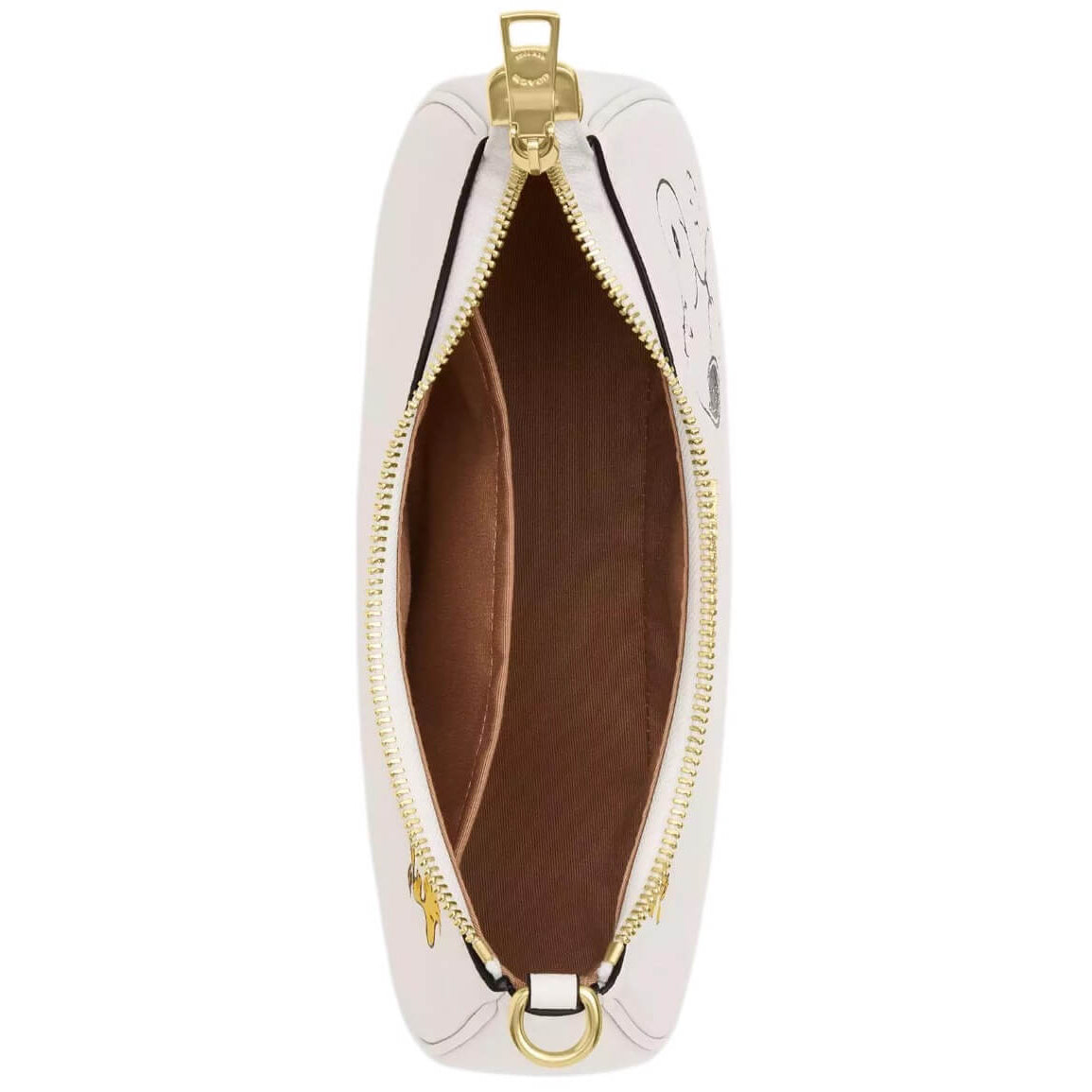 A top-down view of a light pink leather pouch with gold-tone hardware, showing a brown interior lining and a black zipper track, set against a plain white background.