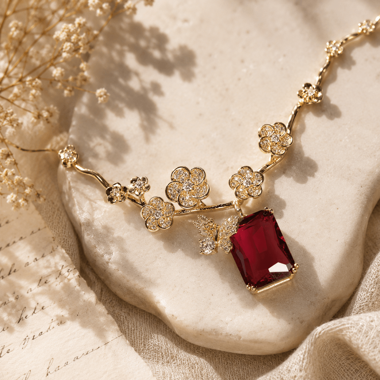 Ruby Blossom Butterfly Pendant Necklace