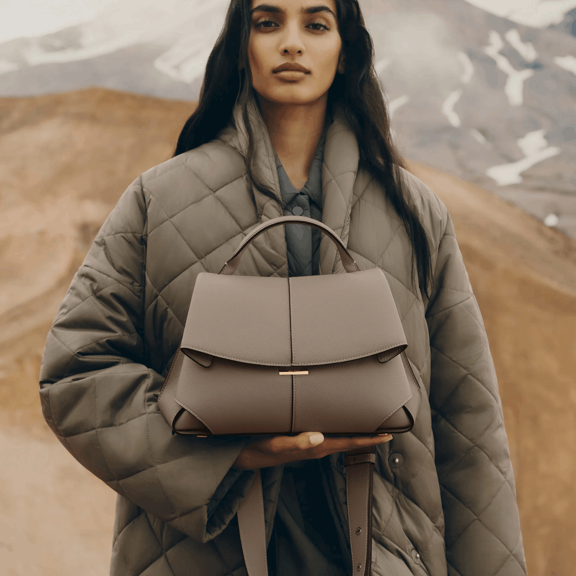 Taupe Leather Top Handle Bag