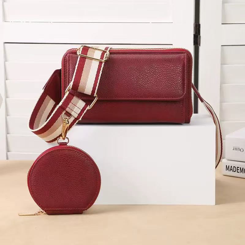 Burgundy Leather Crossbody Wallet Bag with Coin Pouch