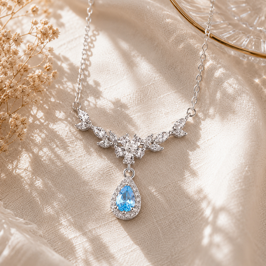 Blue Teardrop Crystal Floral Pendant Necklace