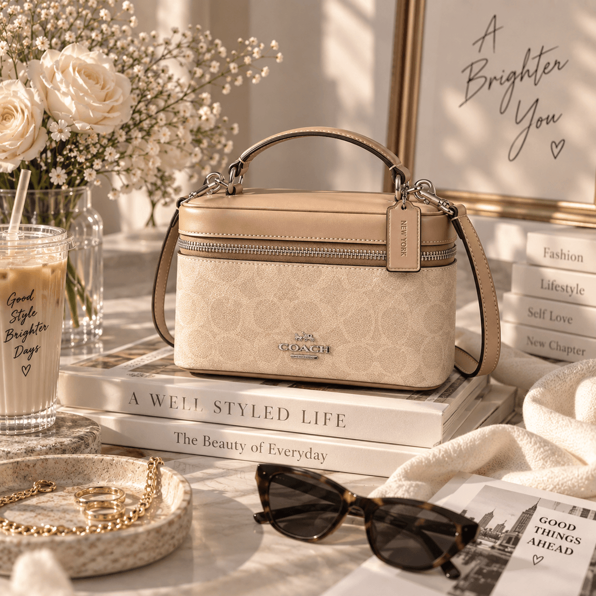 A beige  handbag with a top handle and shoulder strap, styled on a stack of books in a bright, sunlit room with flowers, sunglasses, and accessories around it.