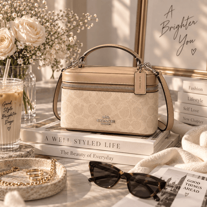 A beige  handbag with a top handle and shoulder strap, styled on a stack of books in a bright, sunlit room with flowers, sunglasses, and accessories around it.