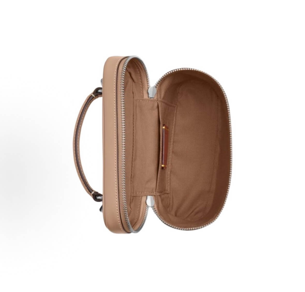 A beige leather cosmetic case shown open from a top-down view, featuring a matching leather handle, silver-tone zipper, and a brown fabric interior with a small gold-tone accessory loop.
