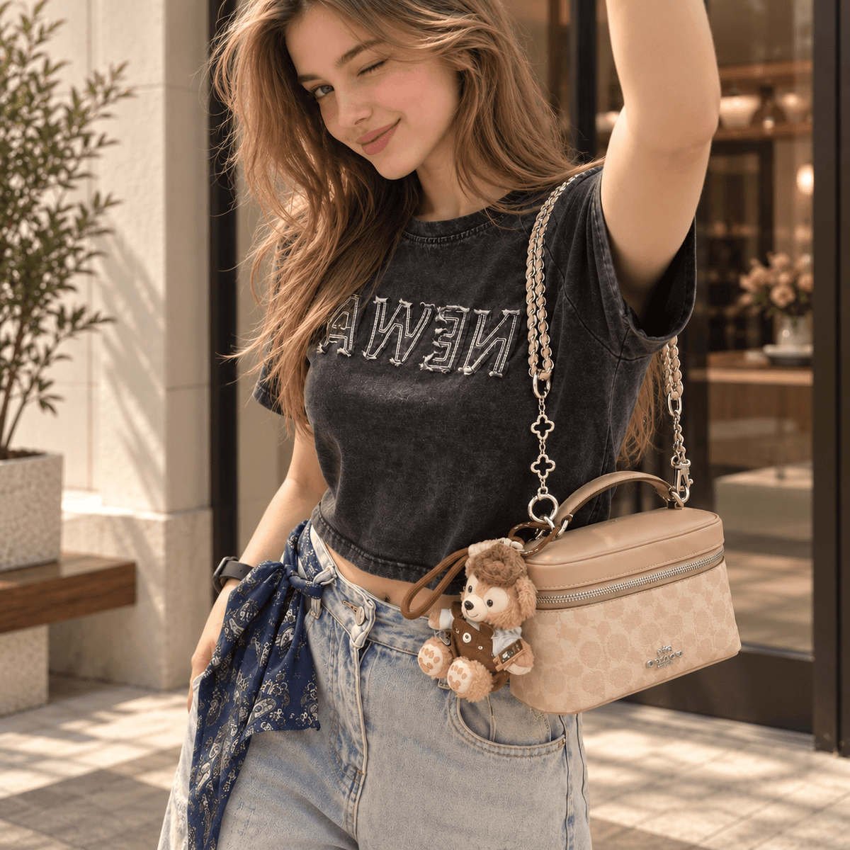 A woman outdoors wearing a beige monogram shoulder bag with a chain strap and a small teddy bear charm, paired with a faded black graphic crop top and light blue jeans.