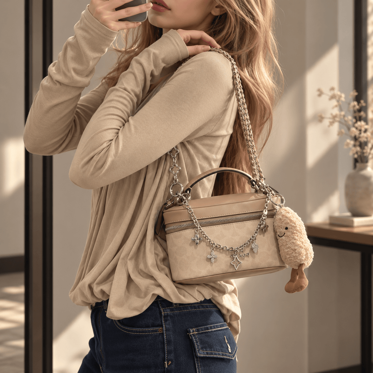 A woman wearing a beige long-sleeve top and blue jeans carries a beige structured handbag with a silver chain strap, star charms, and a small plush keychain in a sunlit indoor setting.