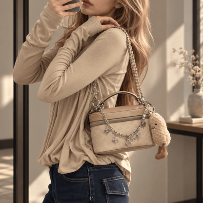 A woman wearing a beige long-sleeve top and blue jeans carries a beige structured handbag with a silver chain strap, star charms, and a small plush keychain in a sunlit indoor setting.