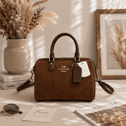 Brown suede-style top handle handbag with gold-tone hardware and detachable shoulder strap in a warm minimalist setting.