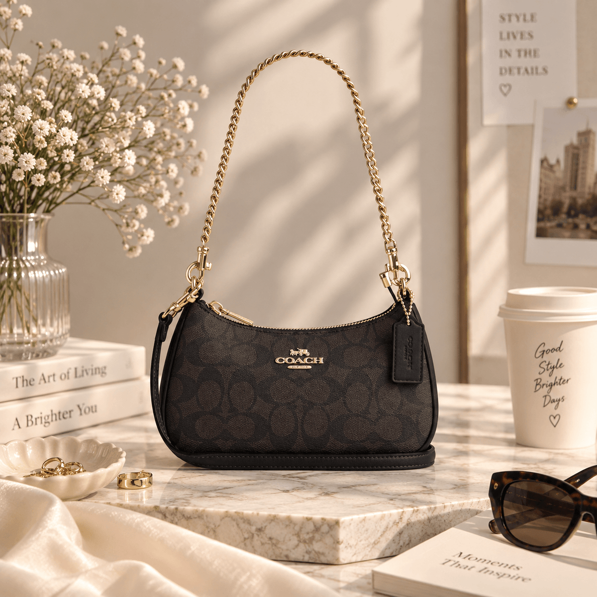 A shoulder bag in black monogram canvas with gold-tone chain strap and hardware, styled on a marble tray in a warm, sunlit room with flowers, a coffee cup, and sunglasses nearby.