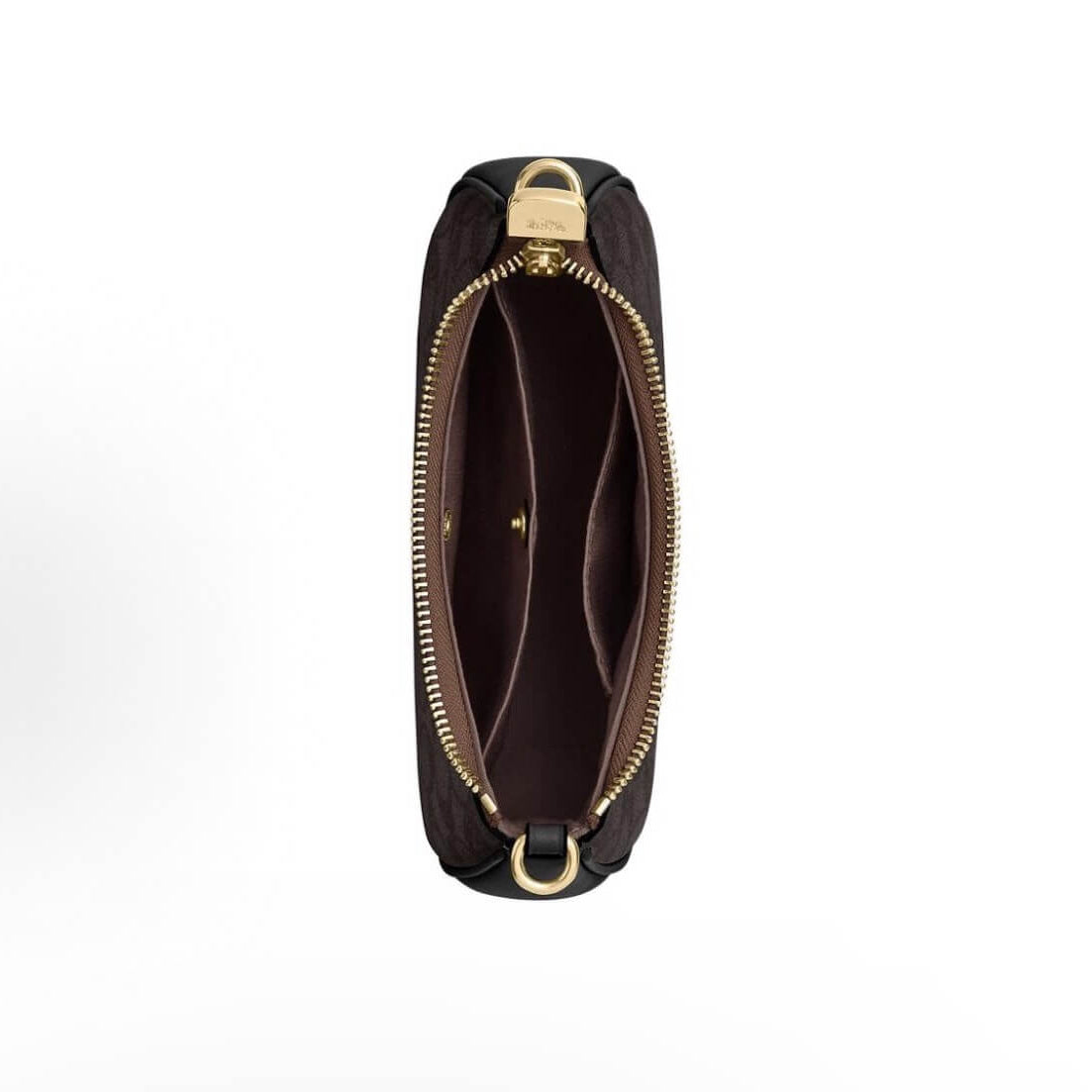 Top-down view of a dark brown quilted clutch bag with gold-tone hardware, shown open to reveal a dark brown interior.