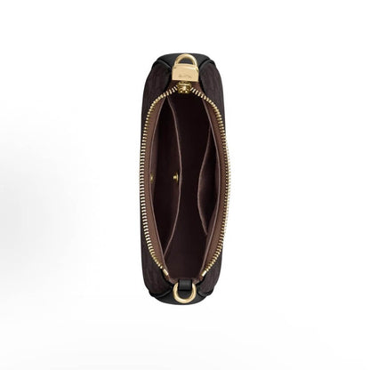 Top-down view of a dark brown quilted clutch bag with gold-tone hardware, shown open to reveal a dark brown interior.