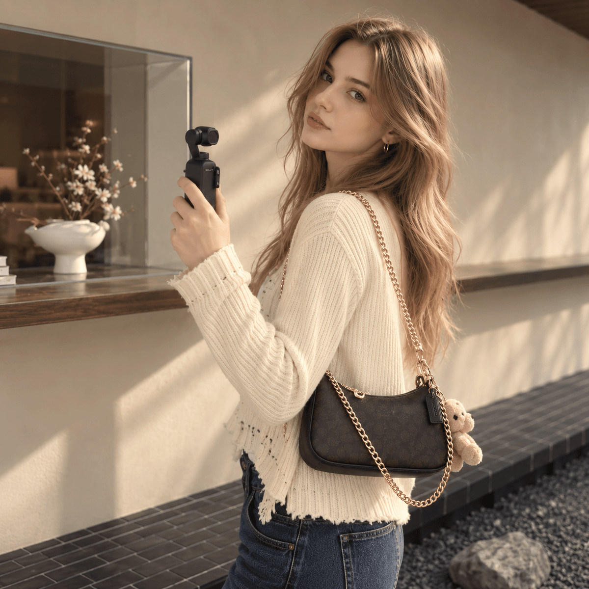 A woman in a cream ribbed sweater and blue jeans carries a dark brown monogram shoulder bag with a gold chain strap and a small plush bear accessory, photographed in a warm, sunlit architectural setting.