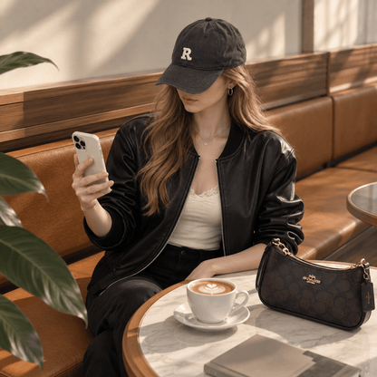 A woman sits on a brown leather cafe bench, looking at her phone. She is wearing a black baseball cap with a white embroidered letter 'R', a black bomber jacket, and a white top.
